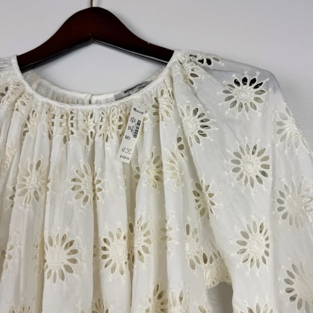 Madewell Embroidered Floral Cutouts Shirred Puff-Sleeve Top Cream Size XXS NWT